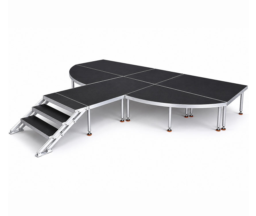 Curved Modular Aluminum Stage Platform with 3-Step Stairs | Portable Anti-Slip Event Stage for Wedding, Concert & Outdoor